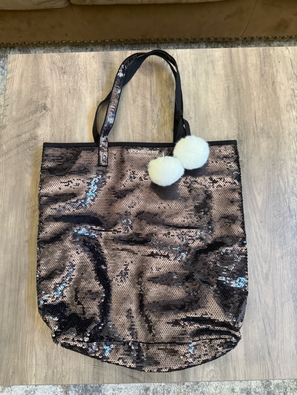 Victoria's Secret Black and Bronze Sequin Tote with White Pom-Poms